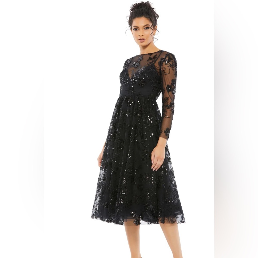 Mac Duggal Embellished Illusion Long Sleeve Midi Dress Size 2 Black Lavender